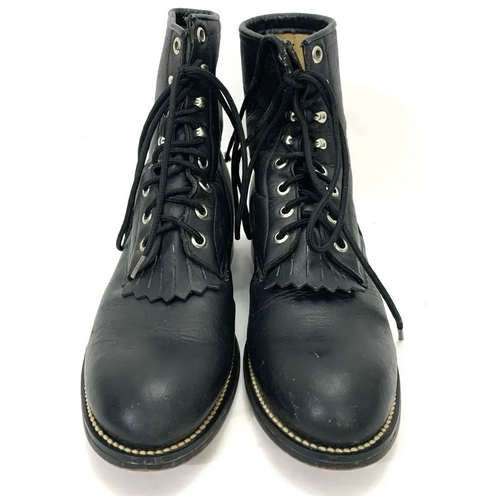 Justin 506 Black Leather Kiltie Lace Up Roper Boots Men’s 5.5D (Women’s 7.5)
